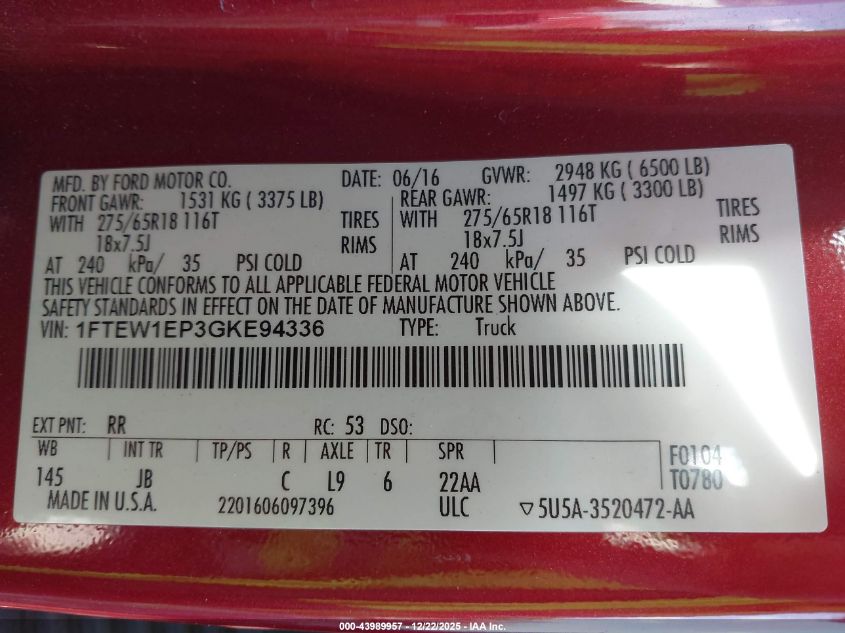 2016 Ford F-150 Xlt VIN: 1FTEW1EP3GKE94336 Lot: 43989957