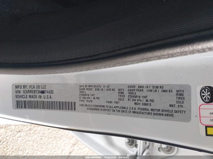 2022 Ram 1500 Big Horn 4X2 6'4 Box VIN: 1C6RREBT9NN274400 Lot: 43989960