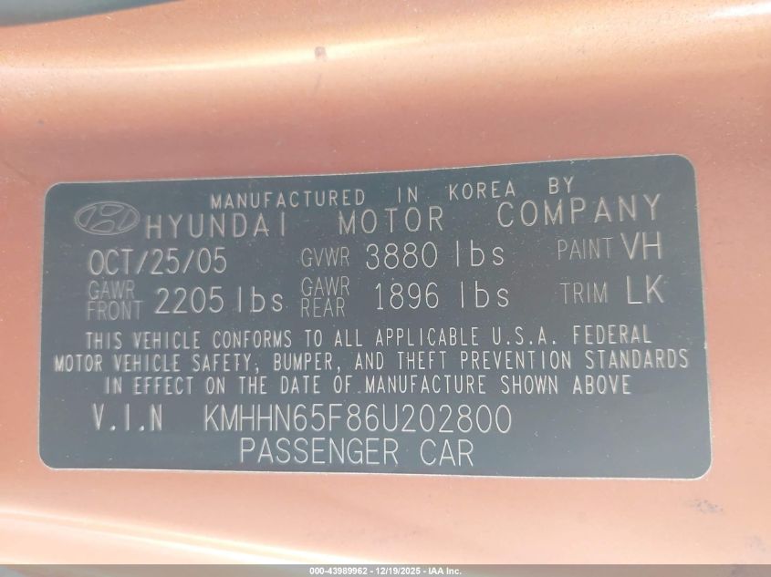 2006 Hyundai Tiburon Gt/Gt Limited/Se VIN: KMHHN65F86U202800 Lot: 43989962