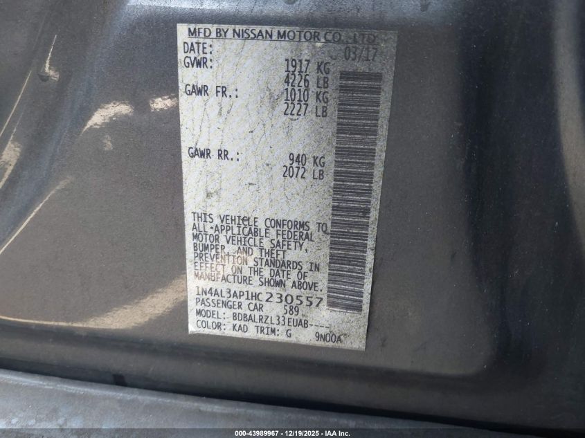 2017 Nissan Altima 2.5 Sl VIN: 1N4AL3AP1HC230557 Lot: 43989967