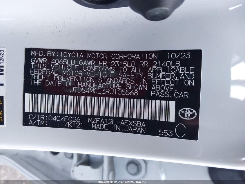 2024 Toyota Corolla Se VIN: JTDS4MCE3RJ105568 Lot: 43989972