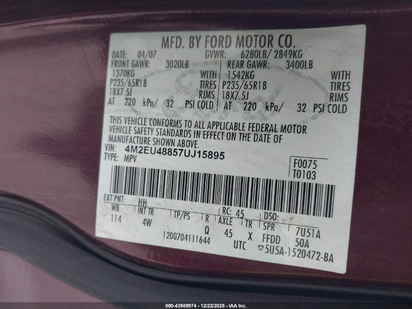 2007 Mercury Mountaineer Premier VIN: 4M2EU48857UJ15895 Lot: 43989974