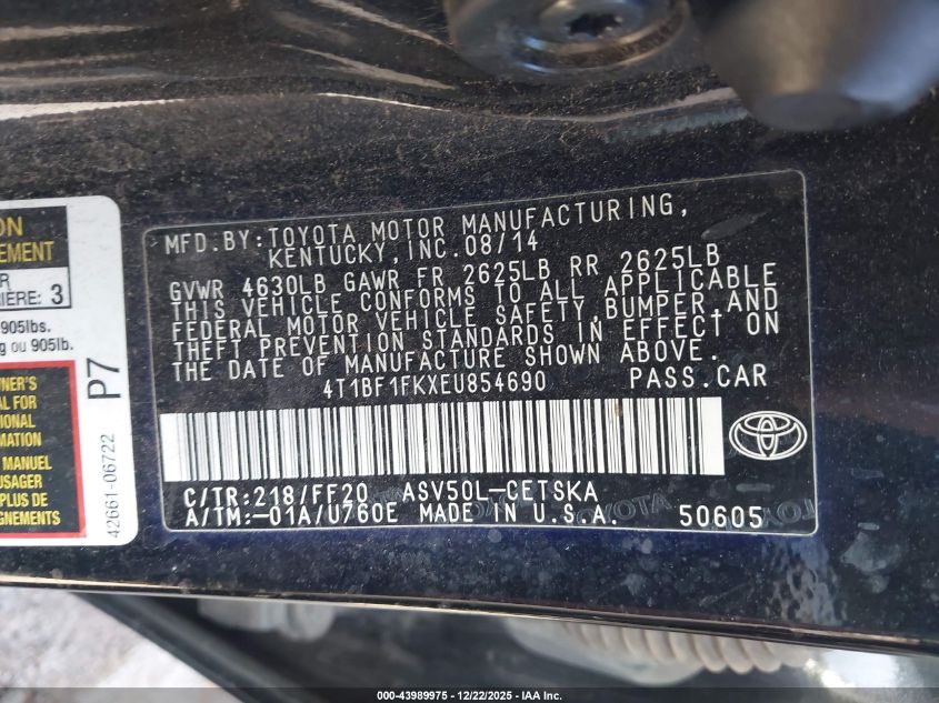 2014 Toyota Camry Se VIN: 4T1BF1FKXEU854690 Lot: 43989975