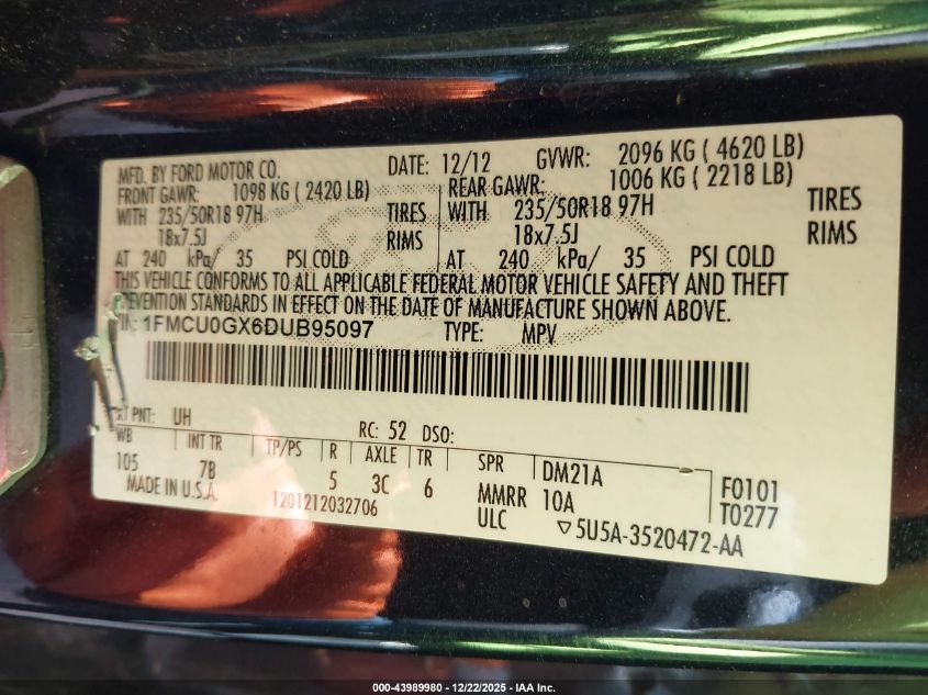 2013 Ford Escape Se VIN: 1FMCU0GX6DUB95097 Lot: 43989980