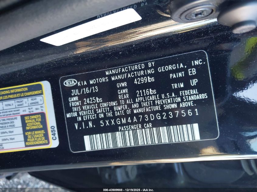 2013 Kia Optima Lx VIN: 5XXGM4A73DG237561 Lot: 43989988