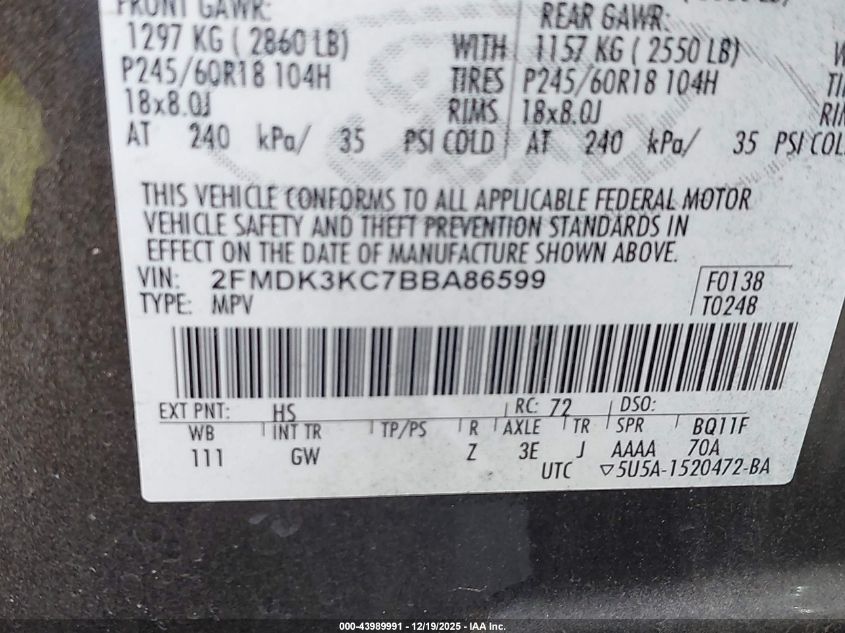 2011 Ford Edge Limited VIN: 2FMDK3KC7BBA86599 Lot: 43989991