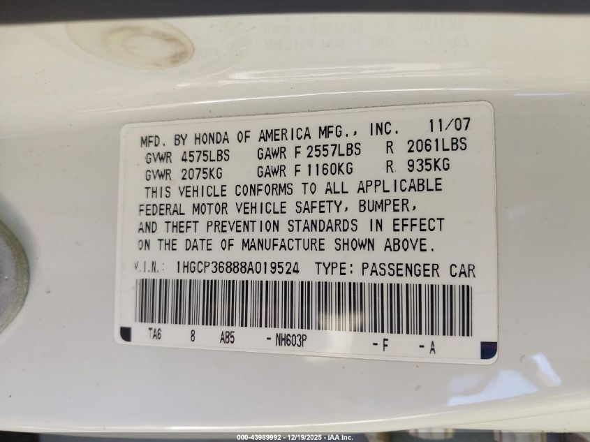 2008 Honda Accord 3.5 Ex-L VIN: 1HGCP36888A019524 Lot: 43989992