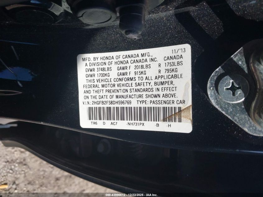 2013 Honda Civic Lx VIN: 2HGFB2F58DH596769 Lot: 43990012