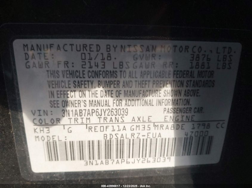 2018 Nissan Sentra Sr VIN: 3N1AB7AP6JY263039 Lot: 43990017