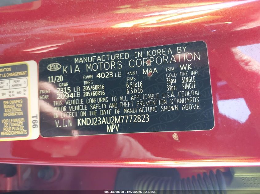 2021 Kia Soul S VIN: KNDJ23AU2M7772823 Lot: 43990020