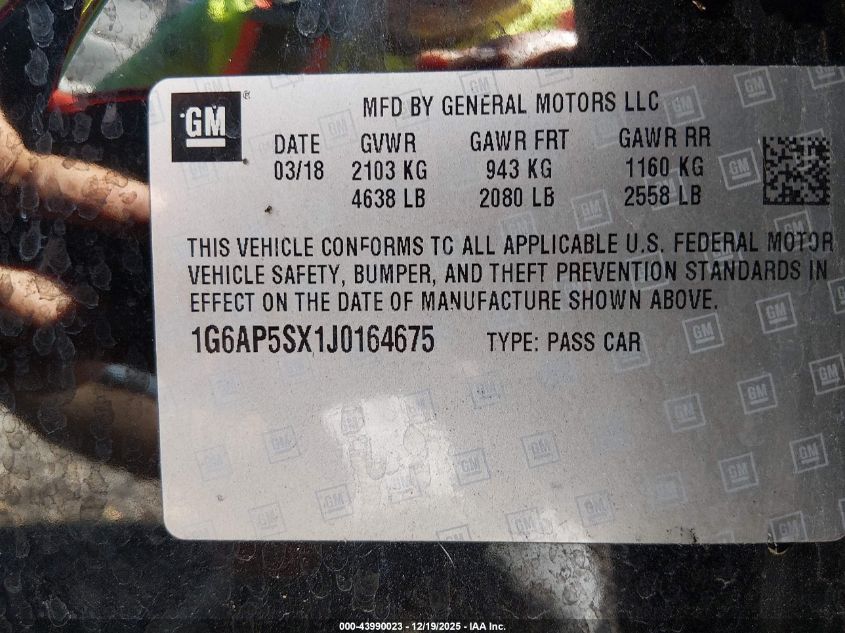 2018 Cadillac Cts Standard VIN: 1G6AP5SX1J0164675 Lot: 43990023