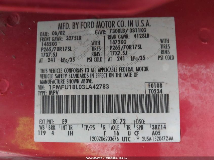 2003 Ford Expedition Eddie Bauer VIN: 1FMFU18L03LA42783 Lot: 43990026