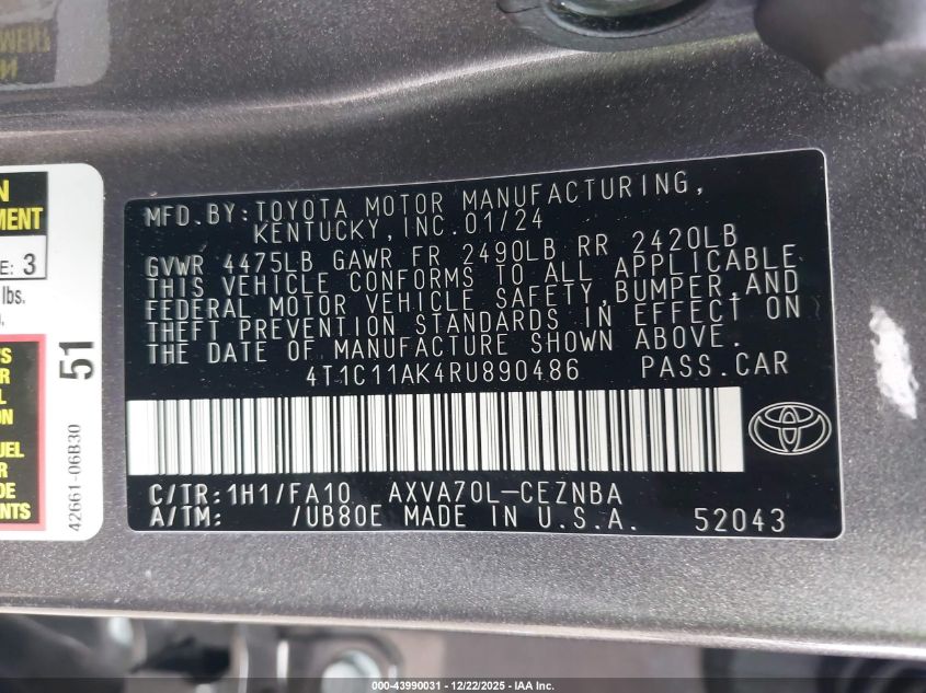 2024 Toyota Camry Le VIN: 4T1C11AK4RU890486 Lot: 43990031