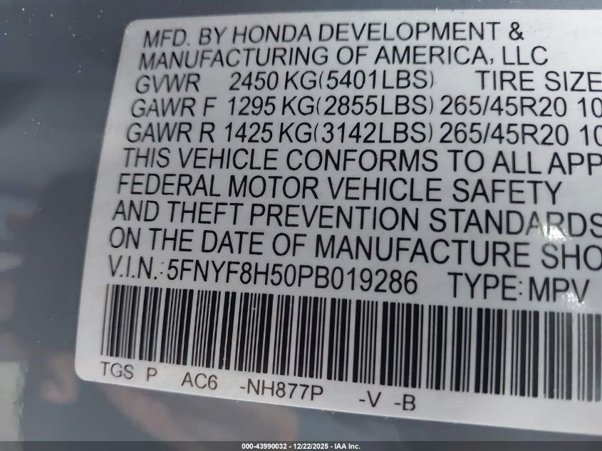 2023 Honda Passport Awd Ex-L VIN: 5FNYF8H50PB019286 Lot: 43990032