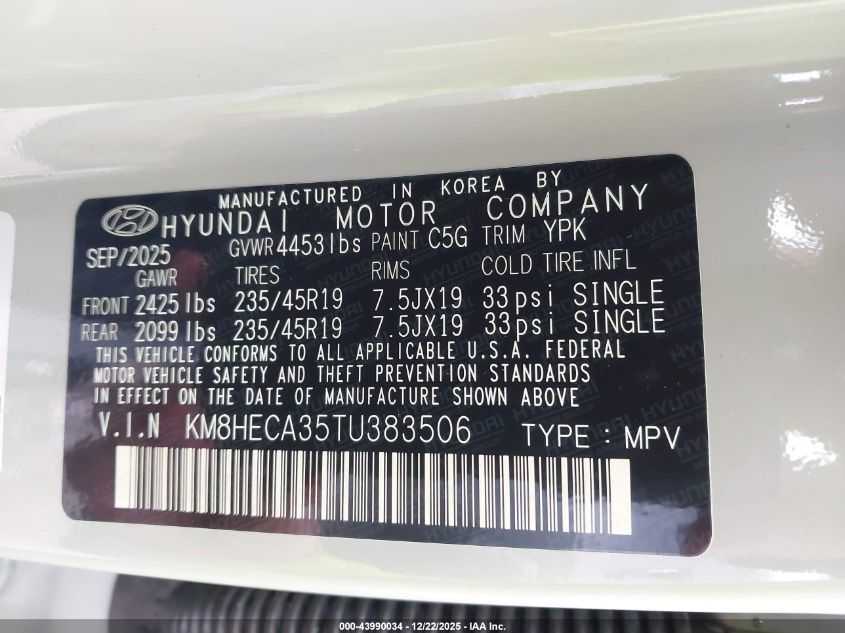 2026 Hyundai Kona Limited VIN: KM8HECA35TU383506 Lot: 43990034
