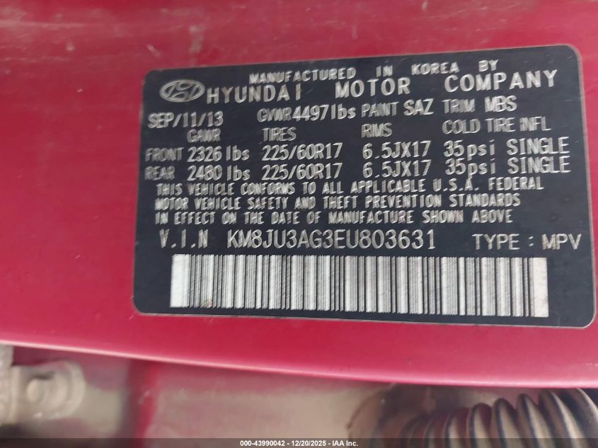 2014 Hyundai Tucson Se VIN: KM8JU3AG3EU803631 Lot: 43990042