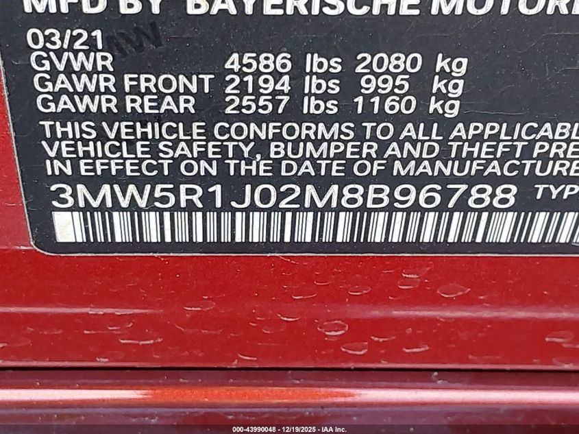 2021 BMW 330I VIN: 3MW5R1J02M8B96788 Lot: 43990048