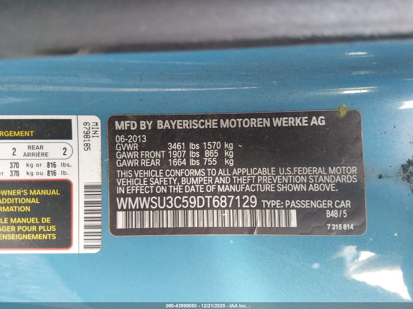 2013 Mini Hardtop Cooper VIN: WMWSU3C59DT687129 Lot: 43990050