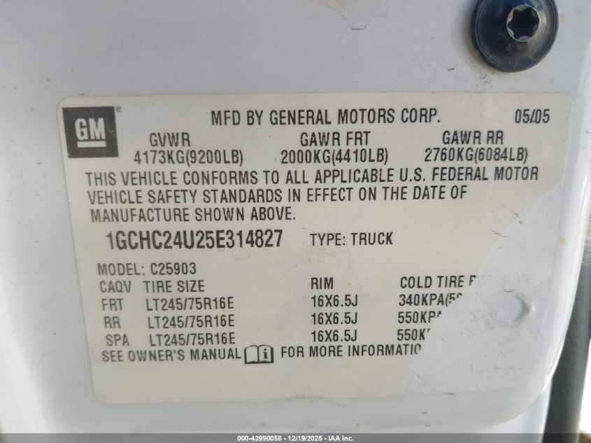 2005 Chevrolet Silverado 2500Hd Work Truck VIN: 1GCHC24U25E314827 Lot: 43990058