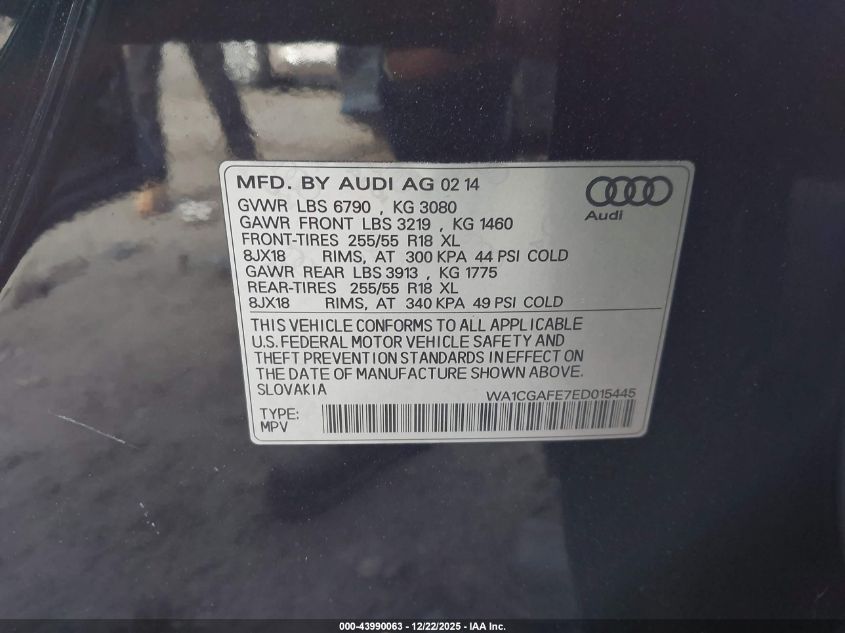 2014 Audi Q7 3.0T Premium VIN: WA1CGAFE7ED015445 Lot: 43990063