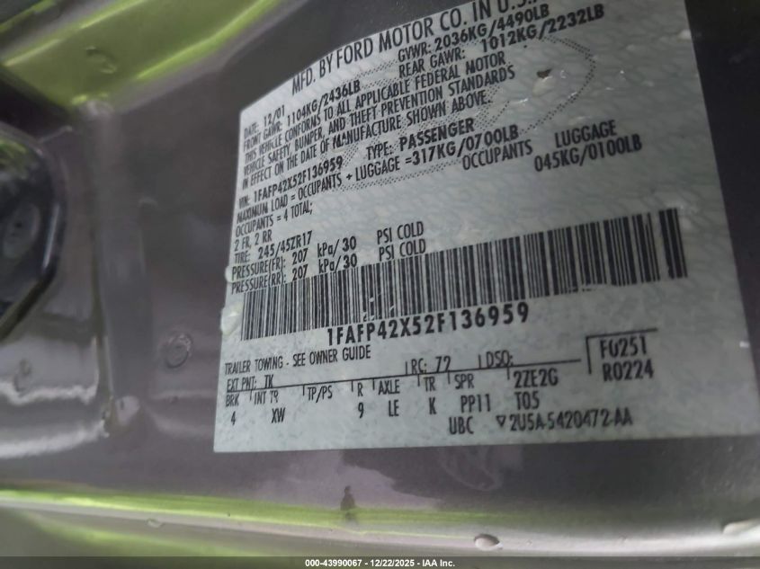 2002 Ford Mustang Gt VIN: 1FAFP42X52F136959 Lot: 43990067