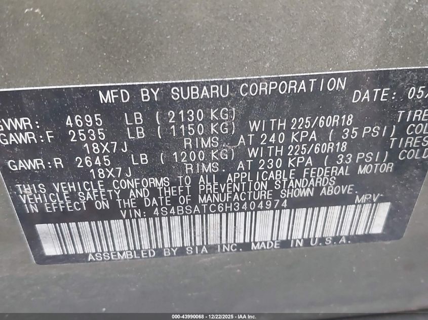 2017 Subaru Outback 2.5I Touring VIN: 4S4BSATC6H3404974 Lot: 43990068