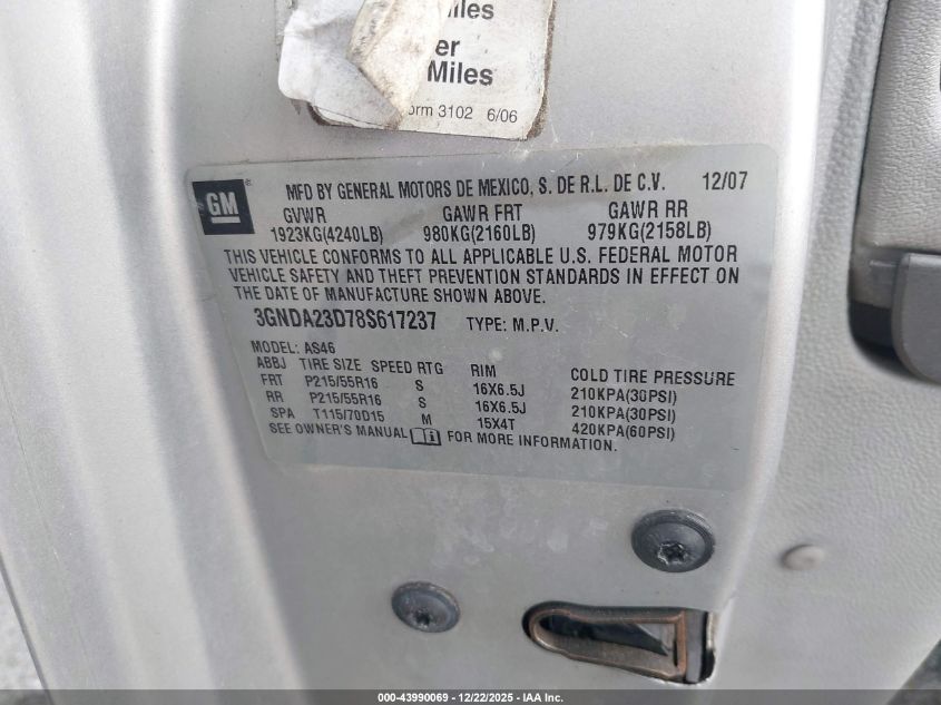 2008 Chevrolet Hhr Lt VIN: 3GNDA23D78S617237 Lot: 43990069