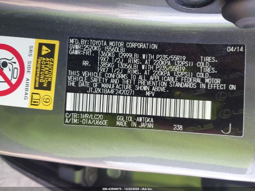 2015 Lexus Rx 350 VIN: JTJZK1BA4F2420271 Lot: 43990070