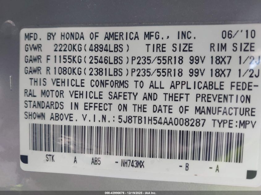 2010 Acura Rdx VIN: 5J8TB1H54AA008287 Lot: 43990076