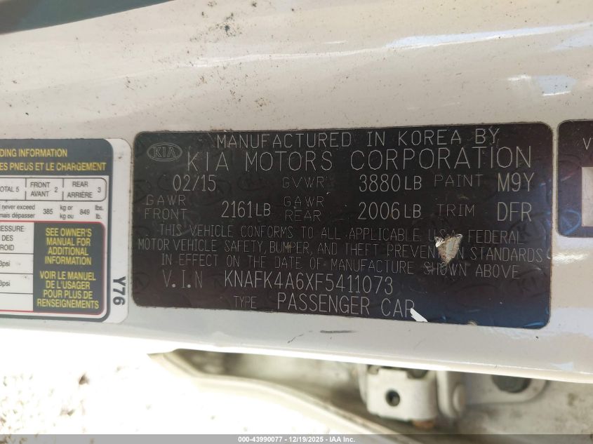 2015 Kia Forte Lx VIN: KNAFK4A6XF5411073 Lot: 43990077