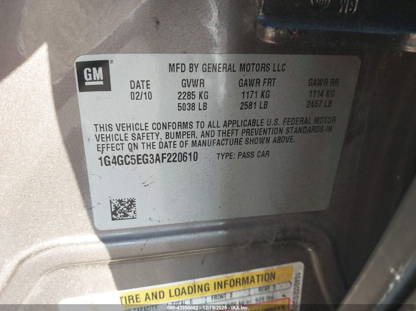 2010 Buick Lacrosse Cxl VIN: 1G4GC5EG3AF220610 Lot: 43990082