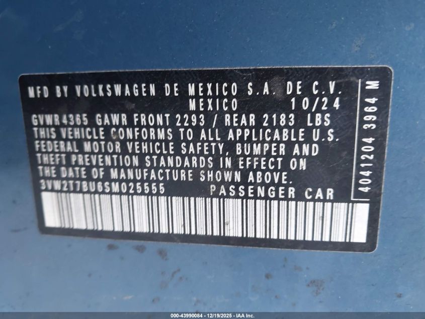 2025 Volkswagen Jetta Gli 2.0T Autobahn VIN: 3VW2T7BU6SM025555 Lot: 43990084