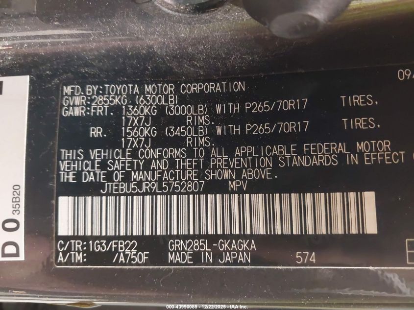 2020 Toyota 4Runner Sr5 VIN: JTEBU5JR9L5752807 Lot: 43990085