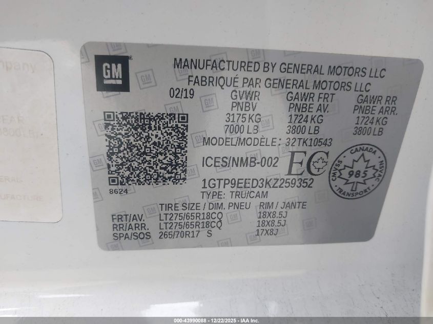 2019 GMC Sierra 1500 At4 VIN: 1GTP9EED3KZ259352 Lot: 43990088