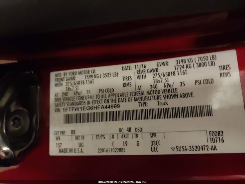 2017 Ford F-150 Xlt VIN: 1FTFW1EG6HFA44999 Lot: 43990089