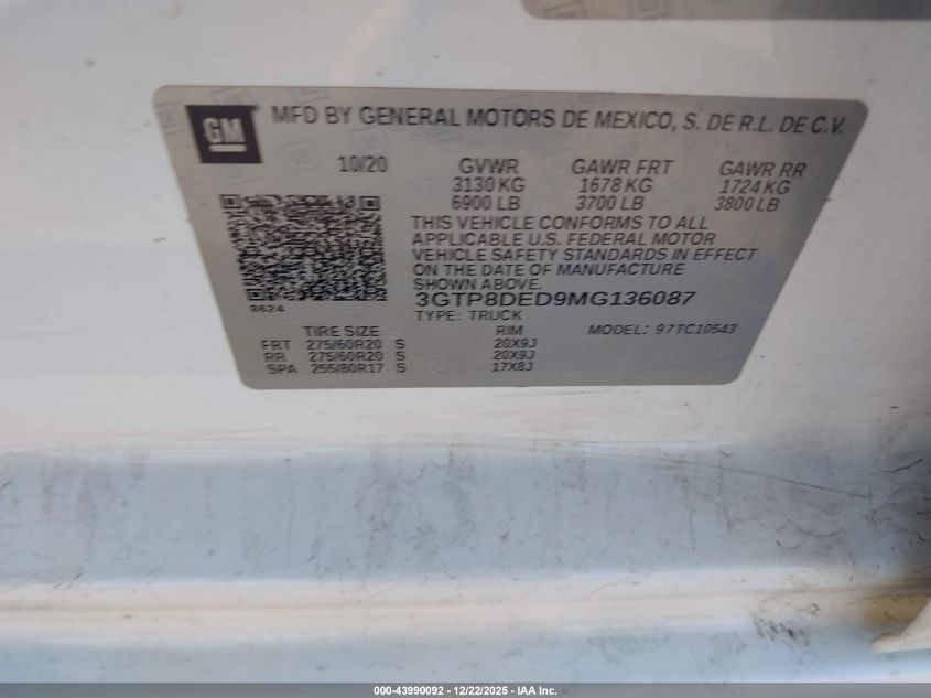 2021 GMC Sierra 1500 2Wd Short Box Slt VIN: 3GTP8DED9MG136087 Lot: 43990092