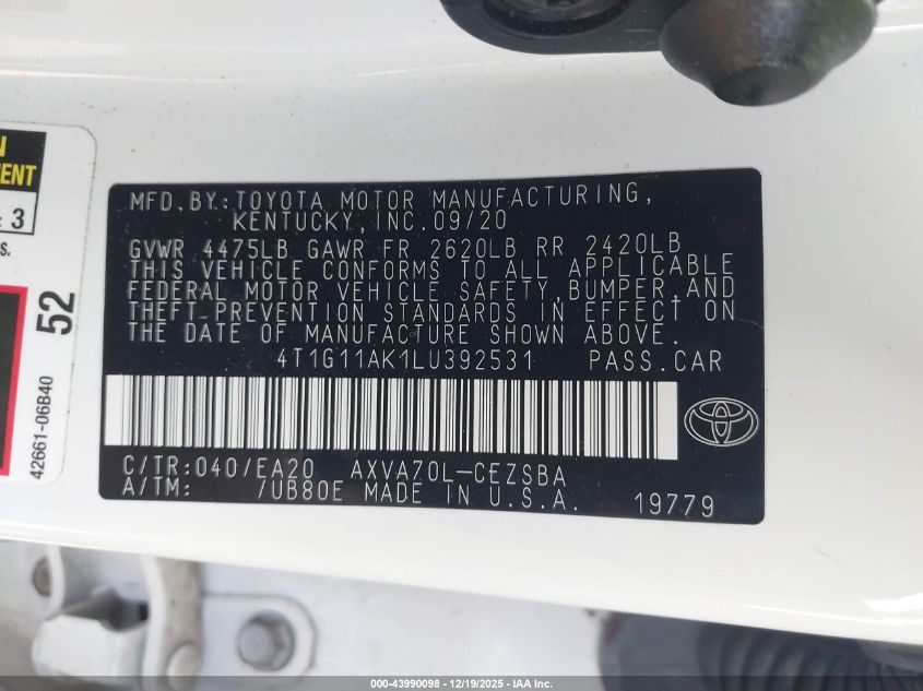 2020 Toyota Camry Se VIN: 4T1G11AK1LU392531 Lot: 43990098
