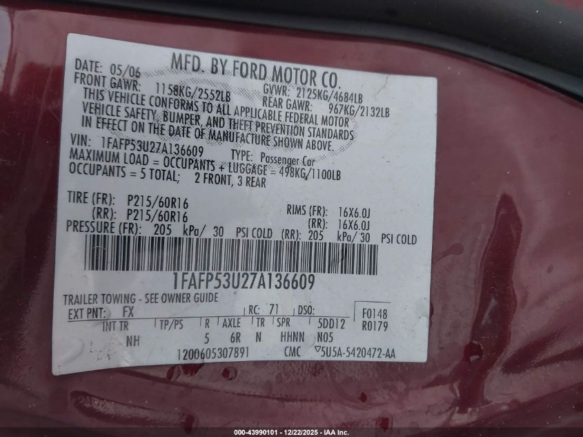 2007 Ford Taurus Se VIN: 1FAFP53U27A136609 Lot: 43990101