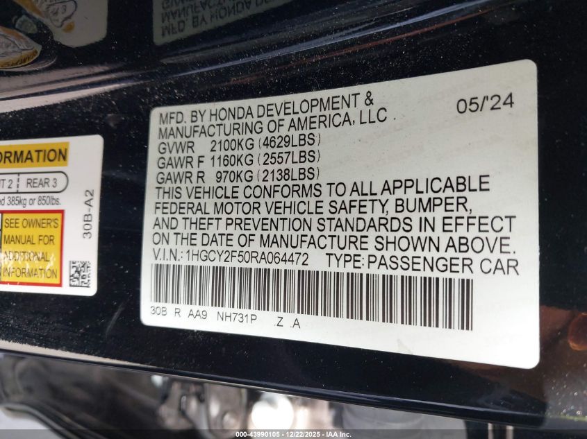 2024 Honda Accord Hybrid Sport VIN: 1HGCY2F50RA064472 Lot: 43990105
