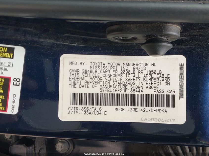 2013 Toyota Corolla L VIN: 5YFBU4EE2DP188444 Lot: 43990104