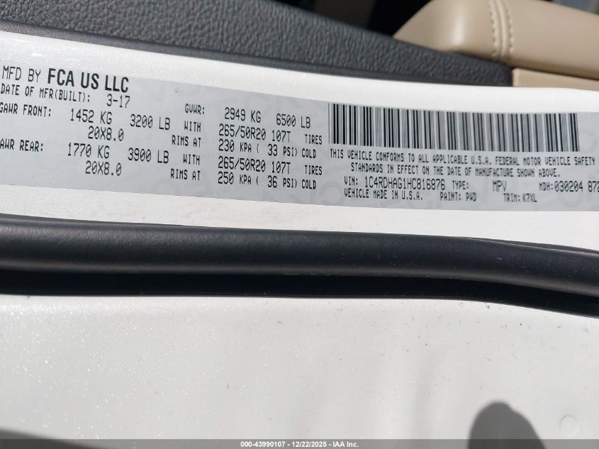 2017 Dodge Durango Sxt Rwd VIN: 1C4RDHAG1HC816876 Lot: 43990107