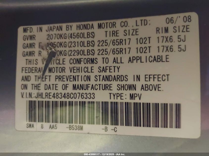 2008 Honda Cr-V Lx VIN: JHLRE48348C076333 Lot: 43990117