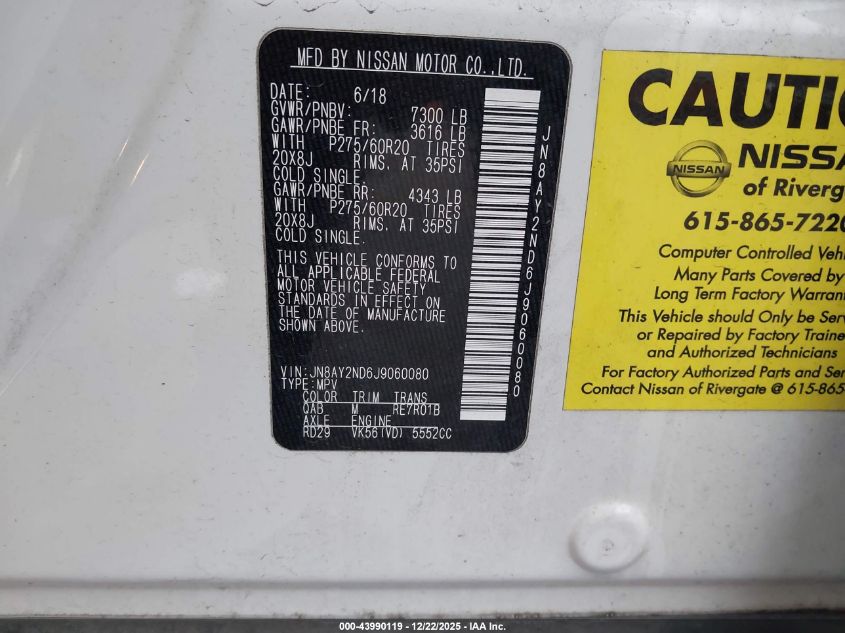 2018 Nissan Armada Sl VIN: JN8AY2ND6J9060080 Lot: 43990119