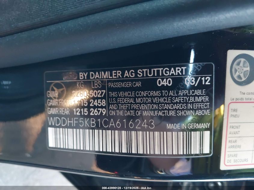 2012 Mercedes-Benz E 350 VIN: WDDHF5KB1CA616243 Lot: 43990128