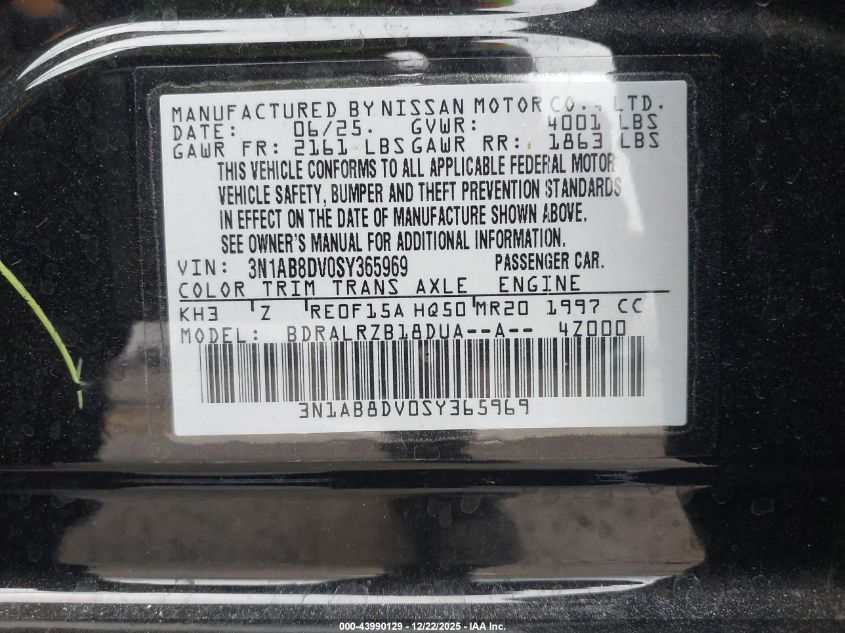 2025 Nissan Sentra Sr VIN: 3N1AB8DV0SY365969 Lot: 43990129