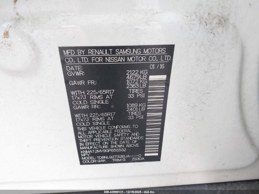 2016 Nissan Rogue Sv VIN: KNMAT2MV9GP655532 Lot: 43990131