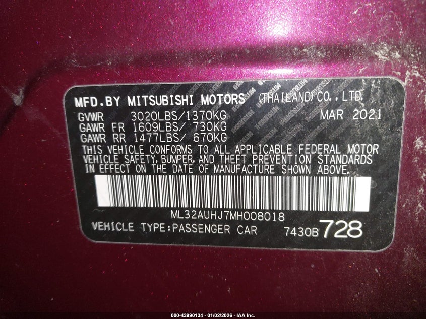 VIN ML32AUHJ7MH008018 2021 MITSUBISHI MIRAGE CARBONITE EDITION/ES/LE