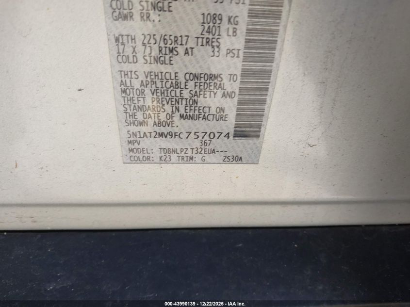 2015 Nissan Rogue S VIN: 5N1AT2MV9FC757074 Lot: 43990139