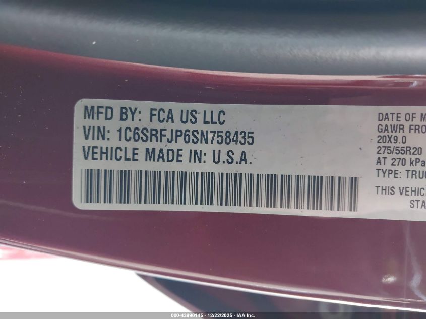 2025 Ram 1500 Laramie 4X4 5'7 Box VIN: 1C6SRFJP6SN758435 Lot: 43990145