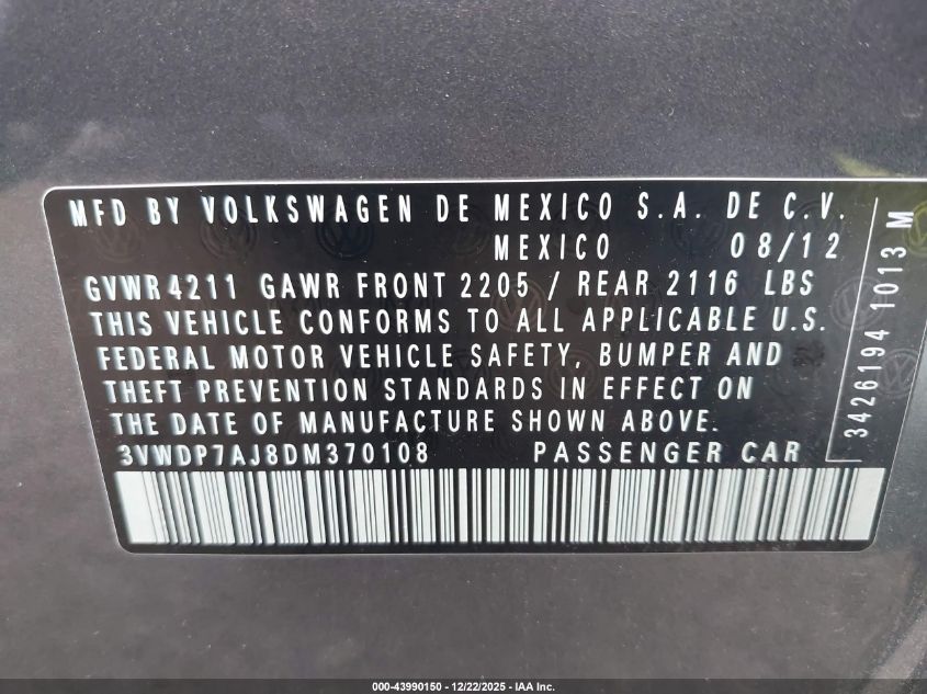 2013 Volkswagen Jetta Se VIN: 3VWDP7AJ8DM370108 Lot: 43990150